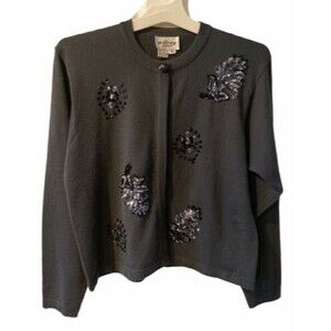 WILROY SPORT Cardigan Sweater Womens Sz M Gray Sequin Wool Glam Vintage *Flaw